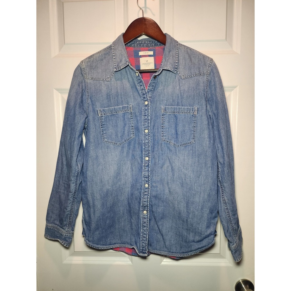 American Eagle Flannel Lined Denim Shirt Slim Fit Y2K Western Light Wash Medium